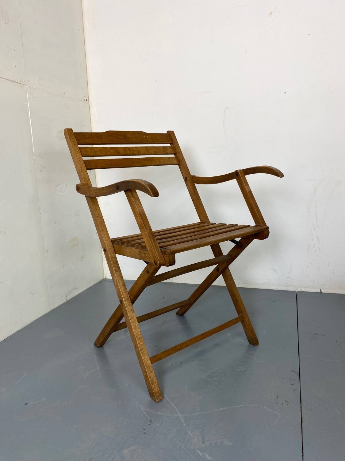 Vintage scandinavian oak campaign folding chair, 1920s