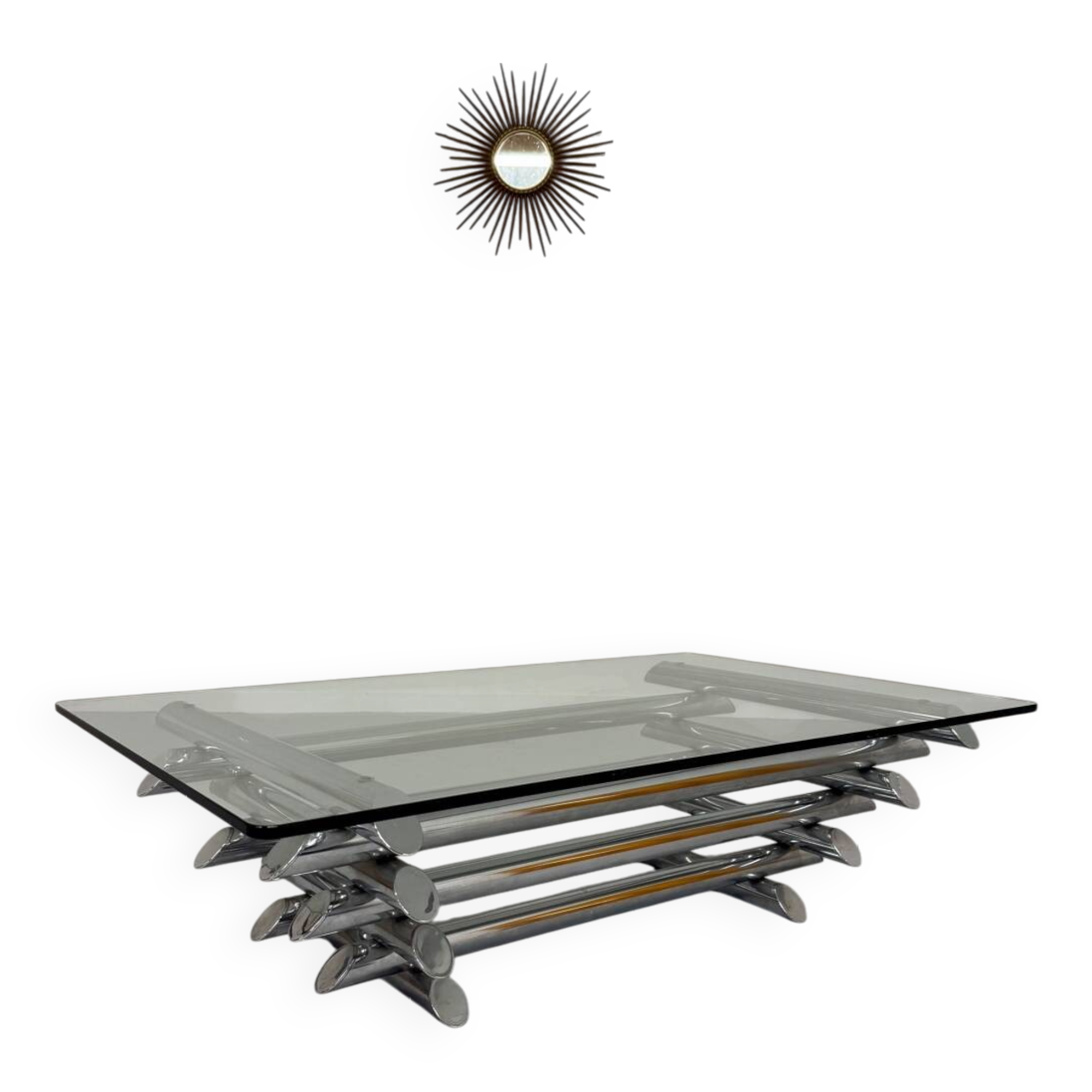 Space coffee table from the 70s, tubular metal and glass, Italian design