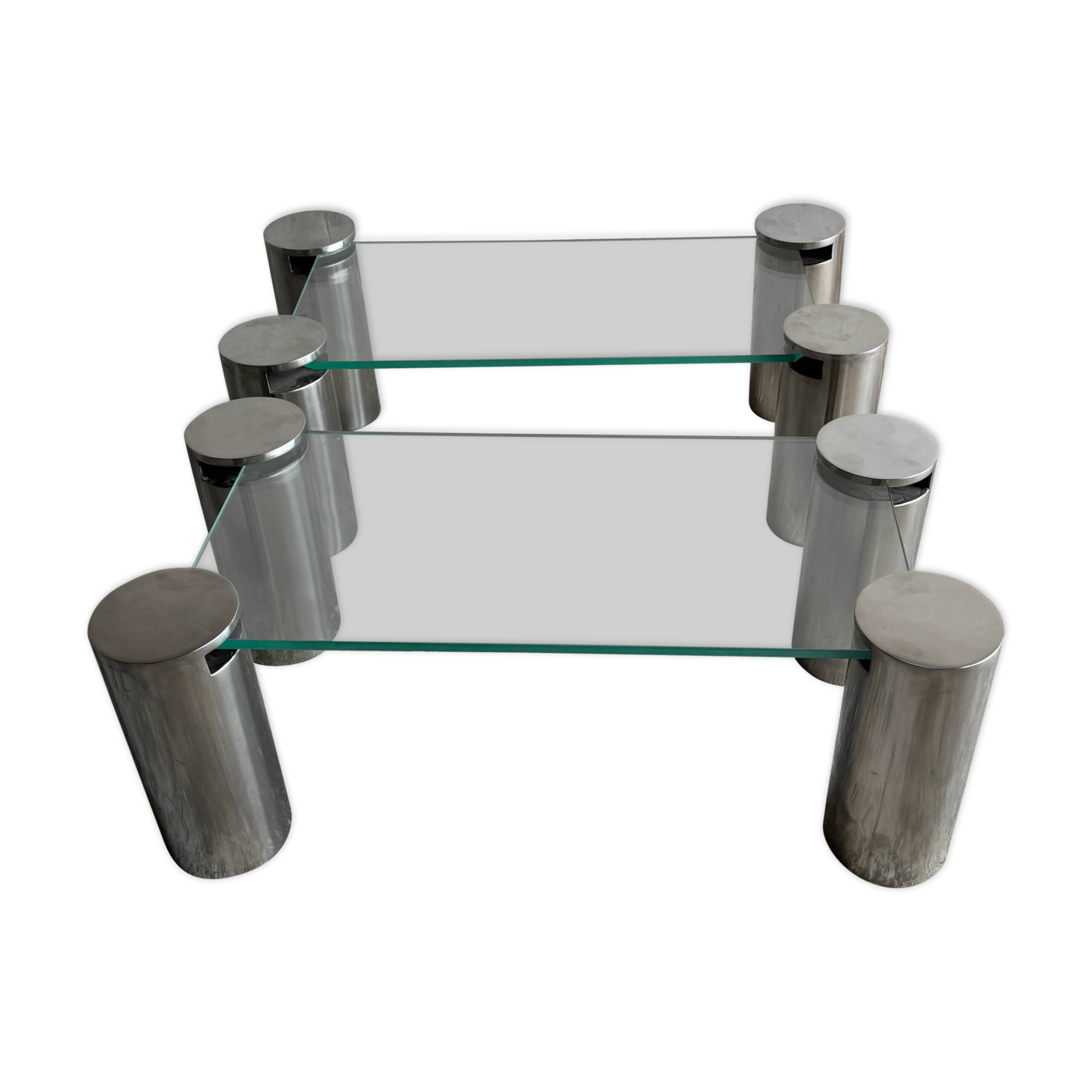 Paire de tables basses modernistes en verre transparent et acier inoxydable brossé, avec pieds cylindriques