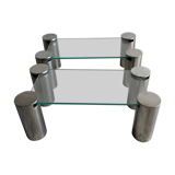 Paire de tables basses modernistes en verre transparent et acier inoxydable brossé, avec pieds cylindriques