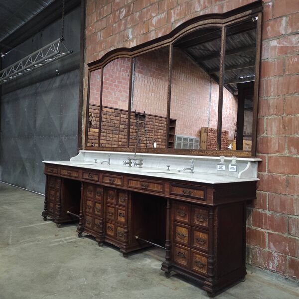 Meuble de barbier en bois, marbre et miroir, années 1930