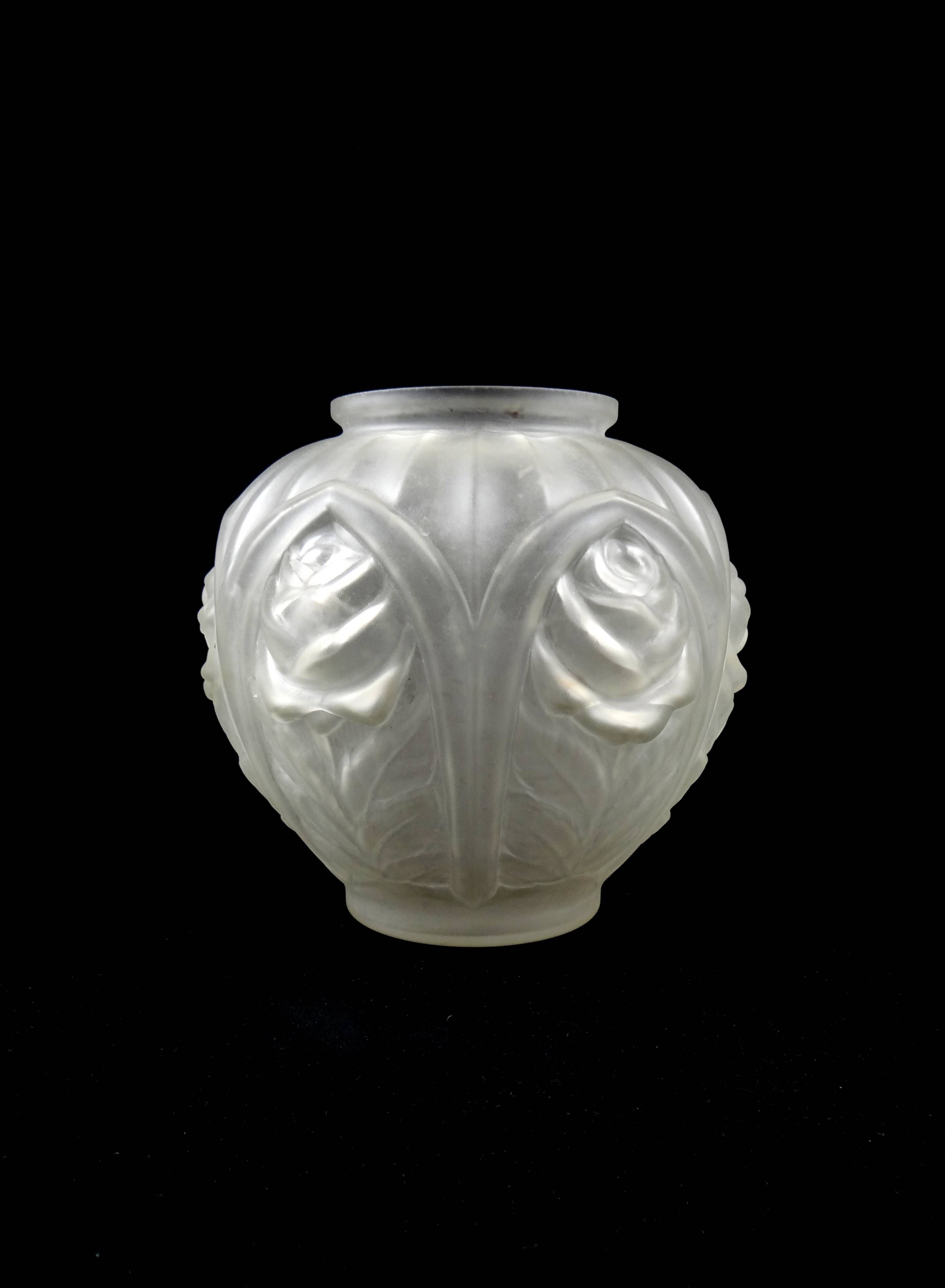 Art Deco ball vase with arches and roses in frosted molded glass