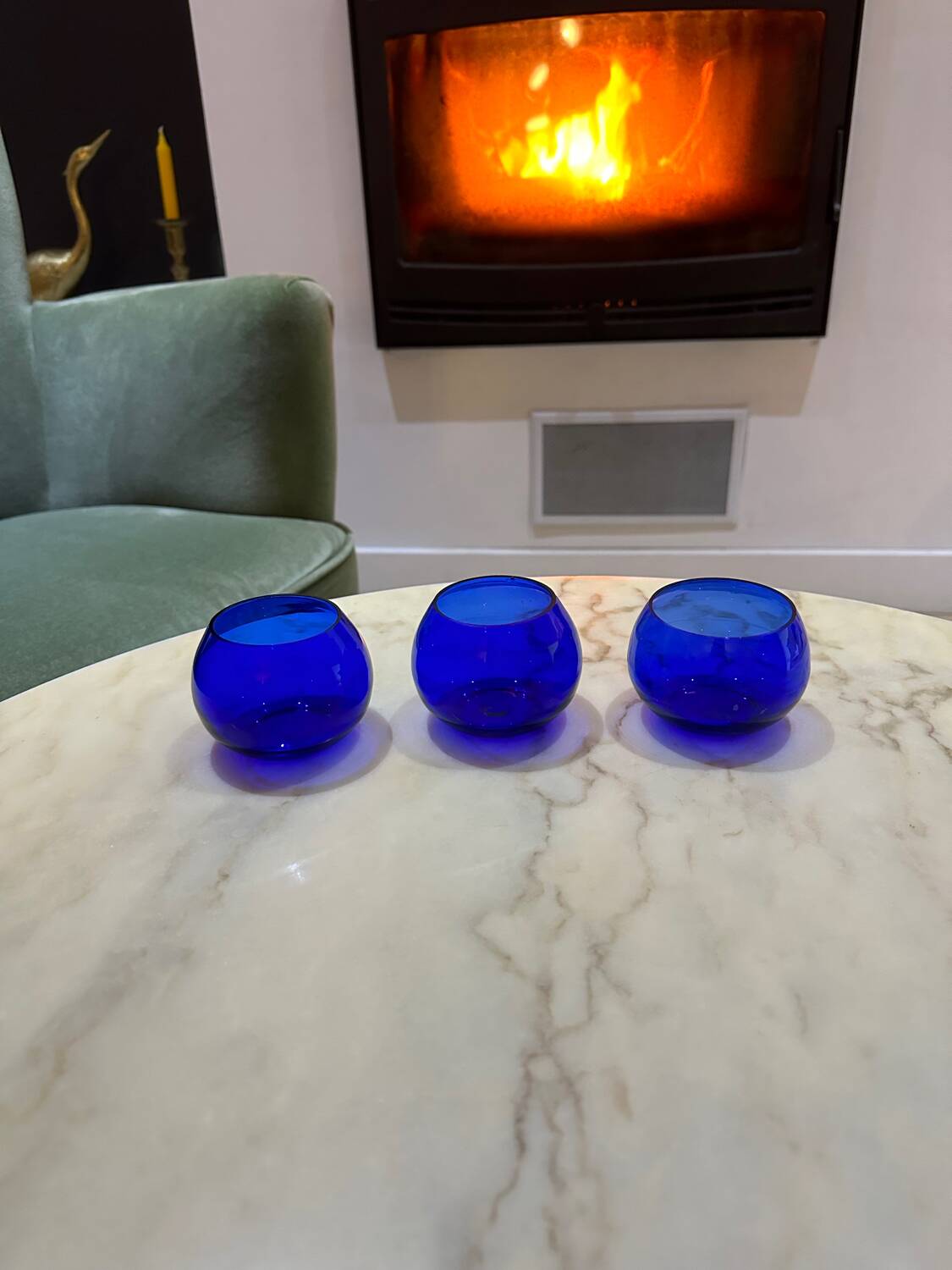 Set of 3 blue glass candle holders