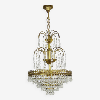 Chandelier, brass crown ceiling light, 5 floors, 3 lights, glass pendants. 60s
