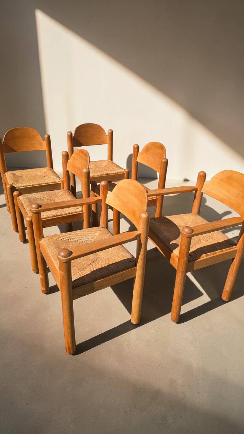 Set of 6 Padova oak chairs with paper cord by Hank Lowenstein, Italy.
