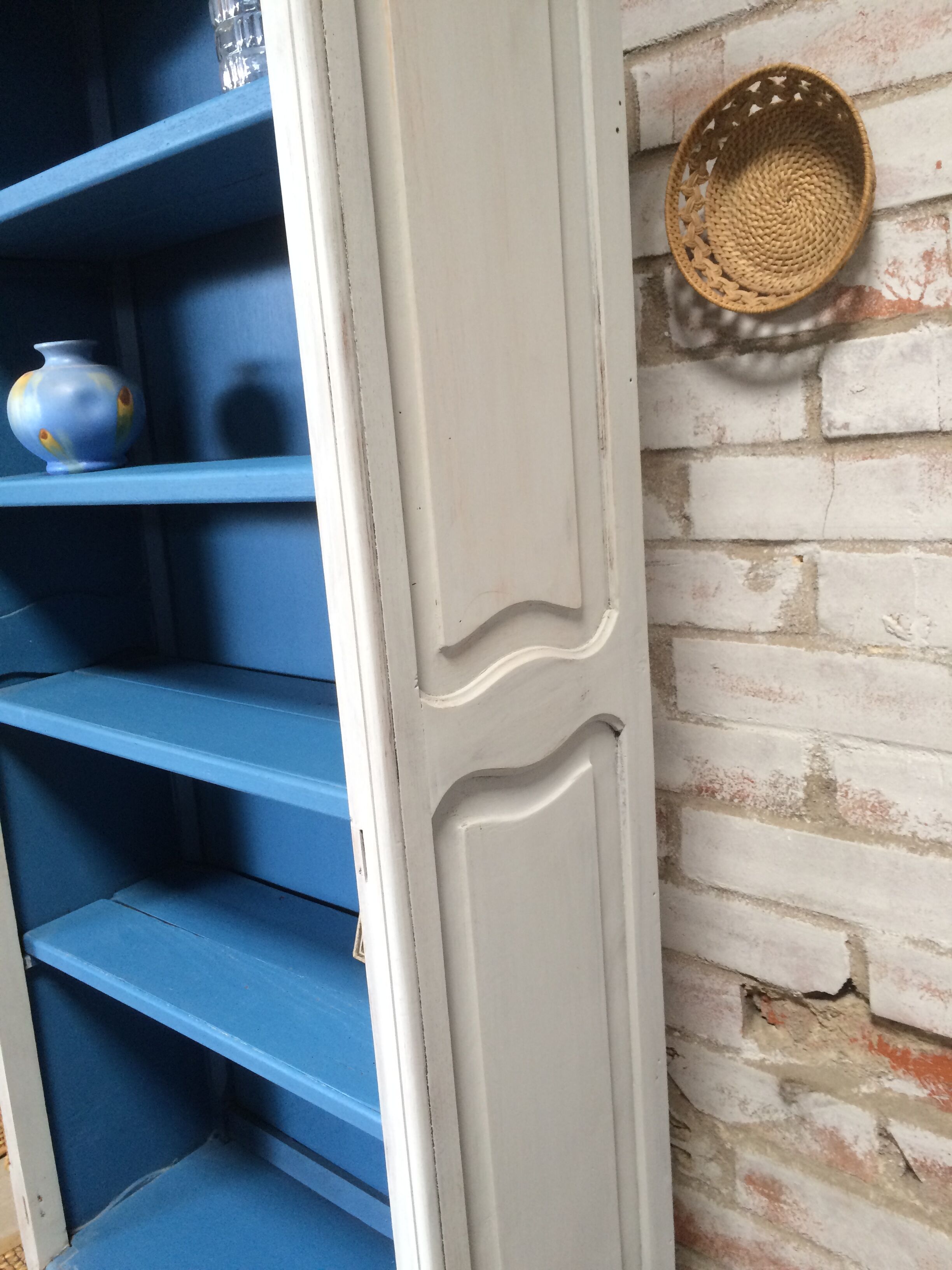 Old bookcase gray & blue wood mouldings