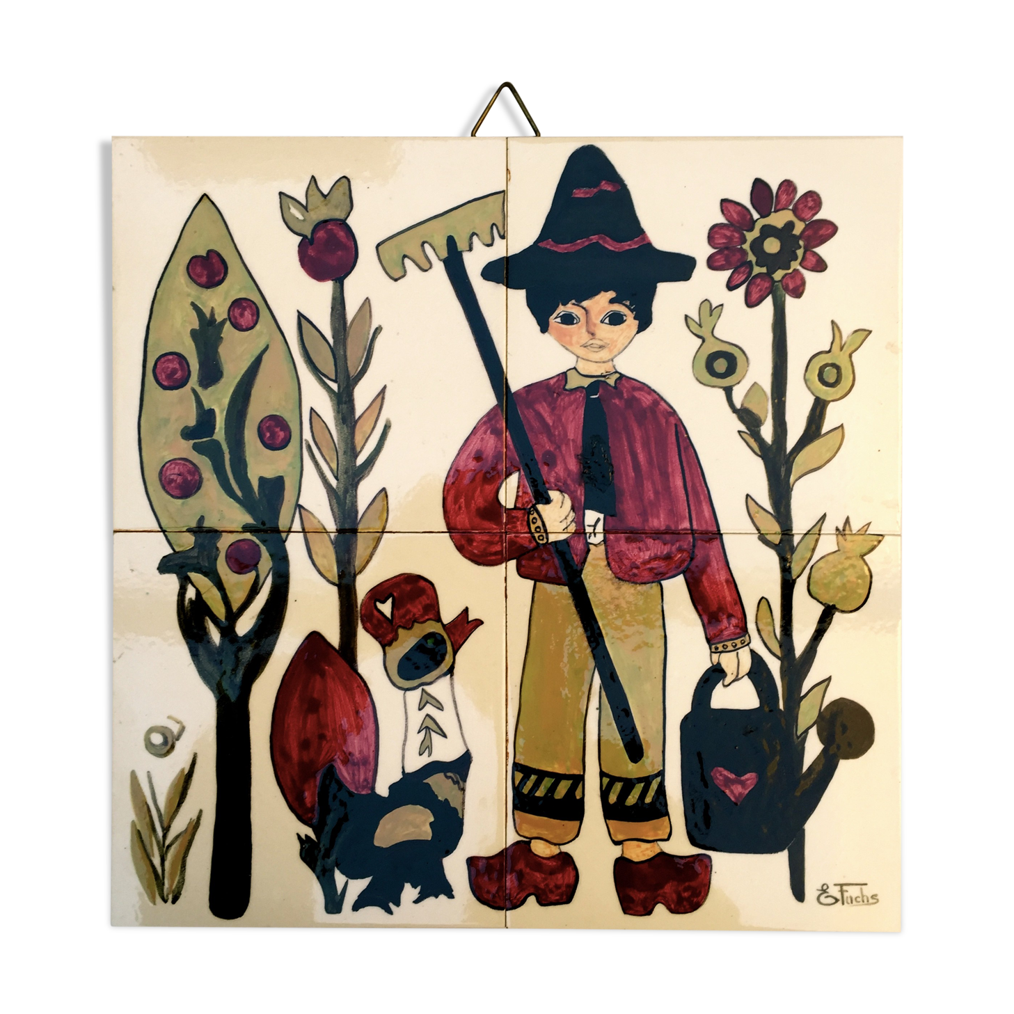 Vintage ceramic underside naïve rooster and gardener Dodik Bretagne naïve painting