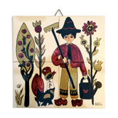 Dessous de plat vintage céramique naïve coq et jardinier Dodik Bretagne tableau naïf