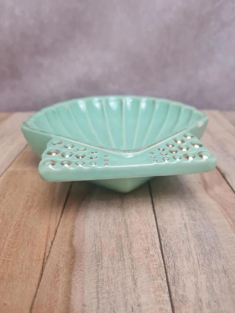 Vintage shell B. Letalle Saint-Clément celadon green with pearl decoration
