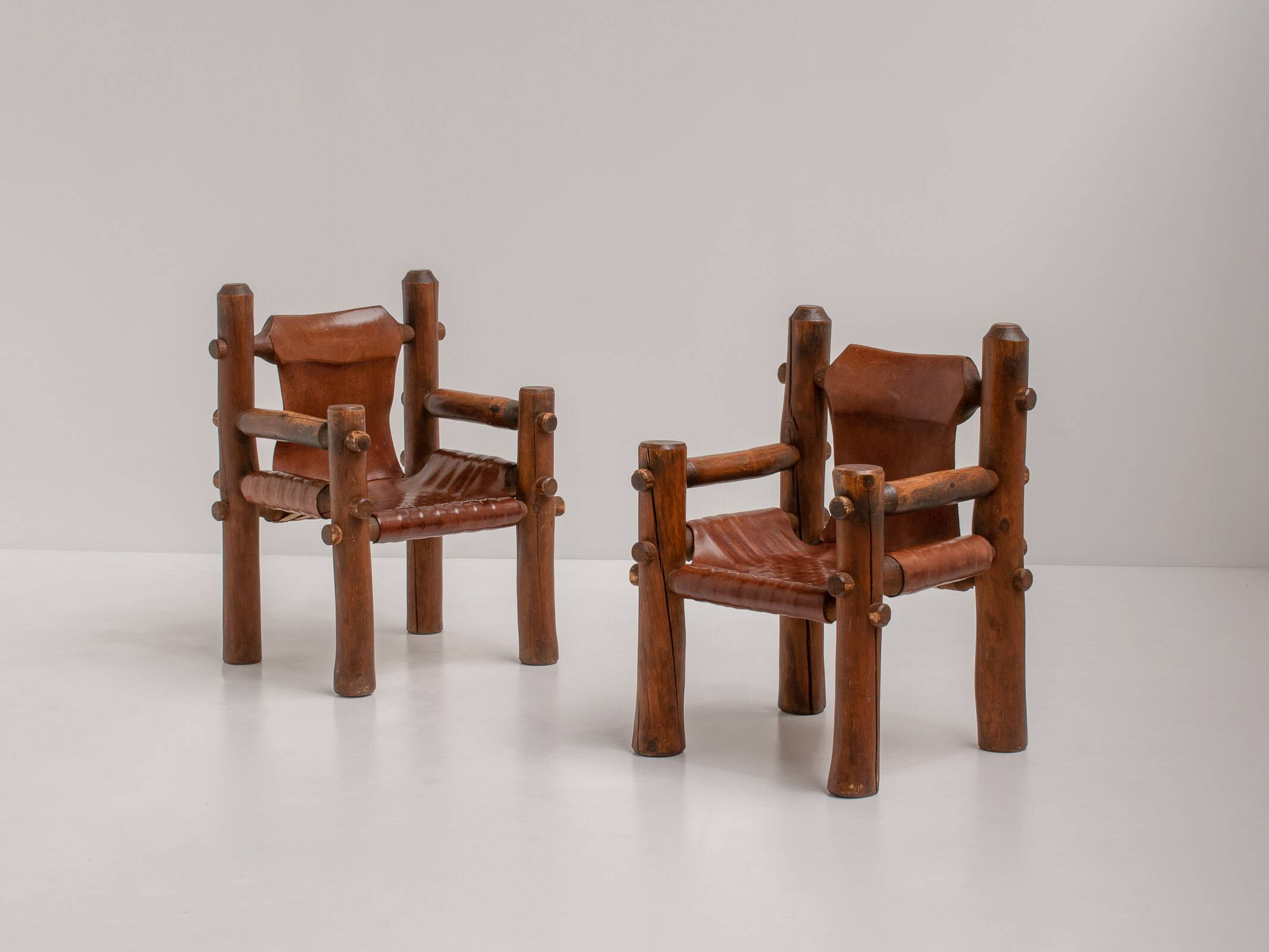 Brutalist Armchairs in Saddle Leather, Hungary, 1970s