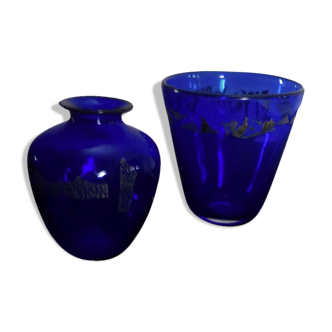 1980s Finn Lynggaard two studio vases, of blue glass with silver decorations