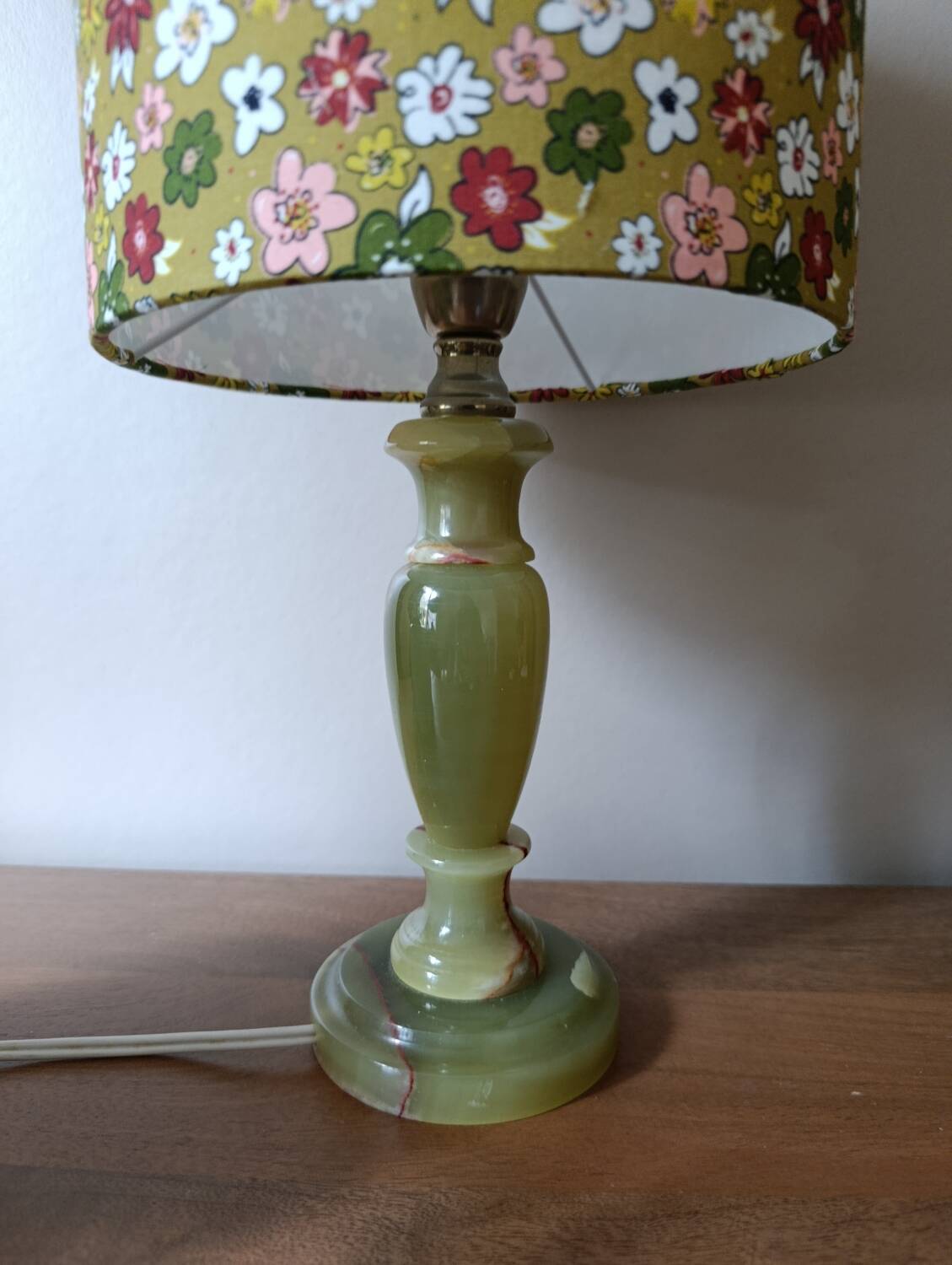 Vintage retro lamp with green marble base, floral shade.