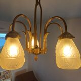 Art deco bronze chandelier with 5 tulips.