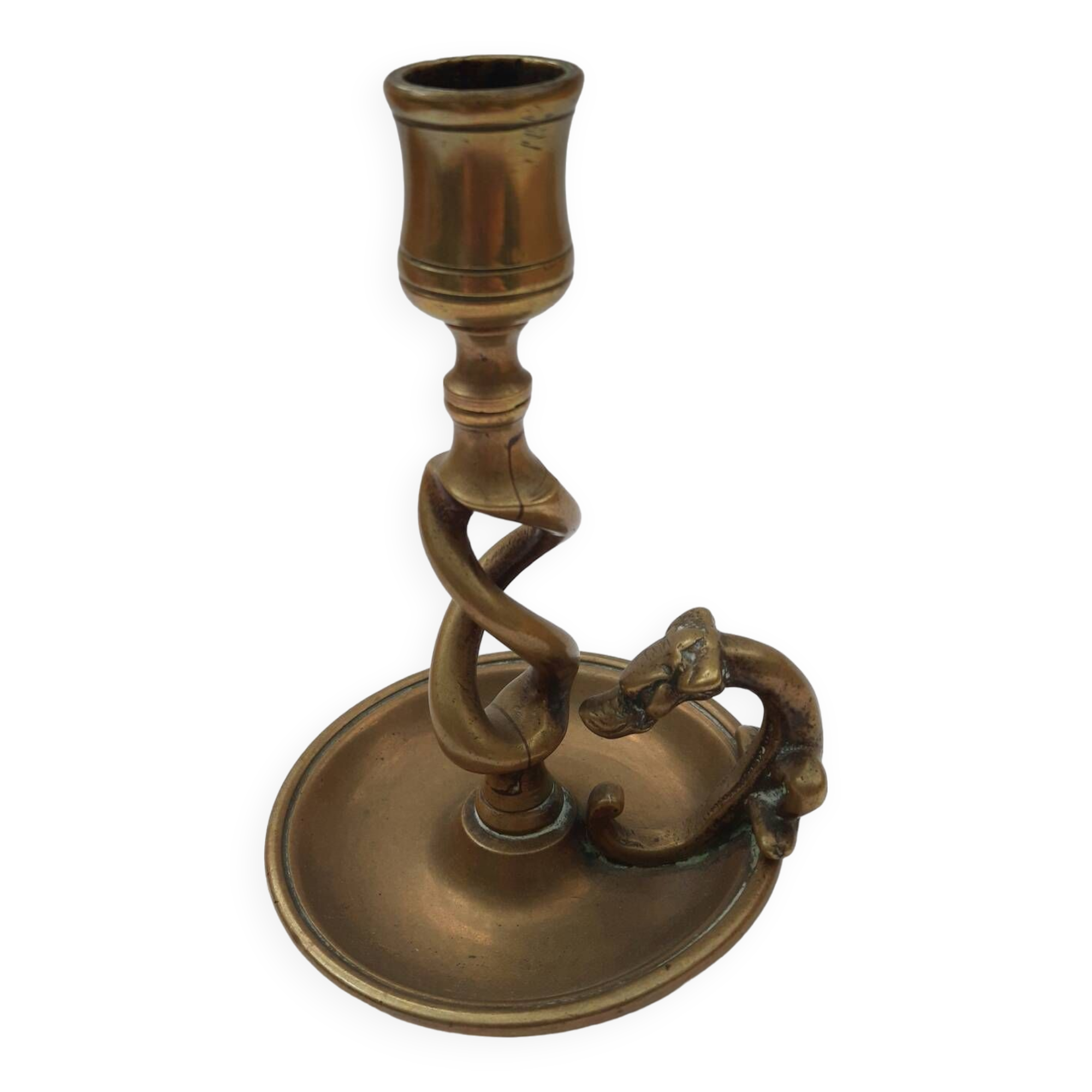 Antique bronze candlestick with dragon-shaped handle from the 17th century
