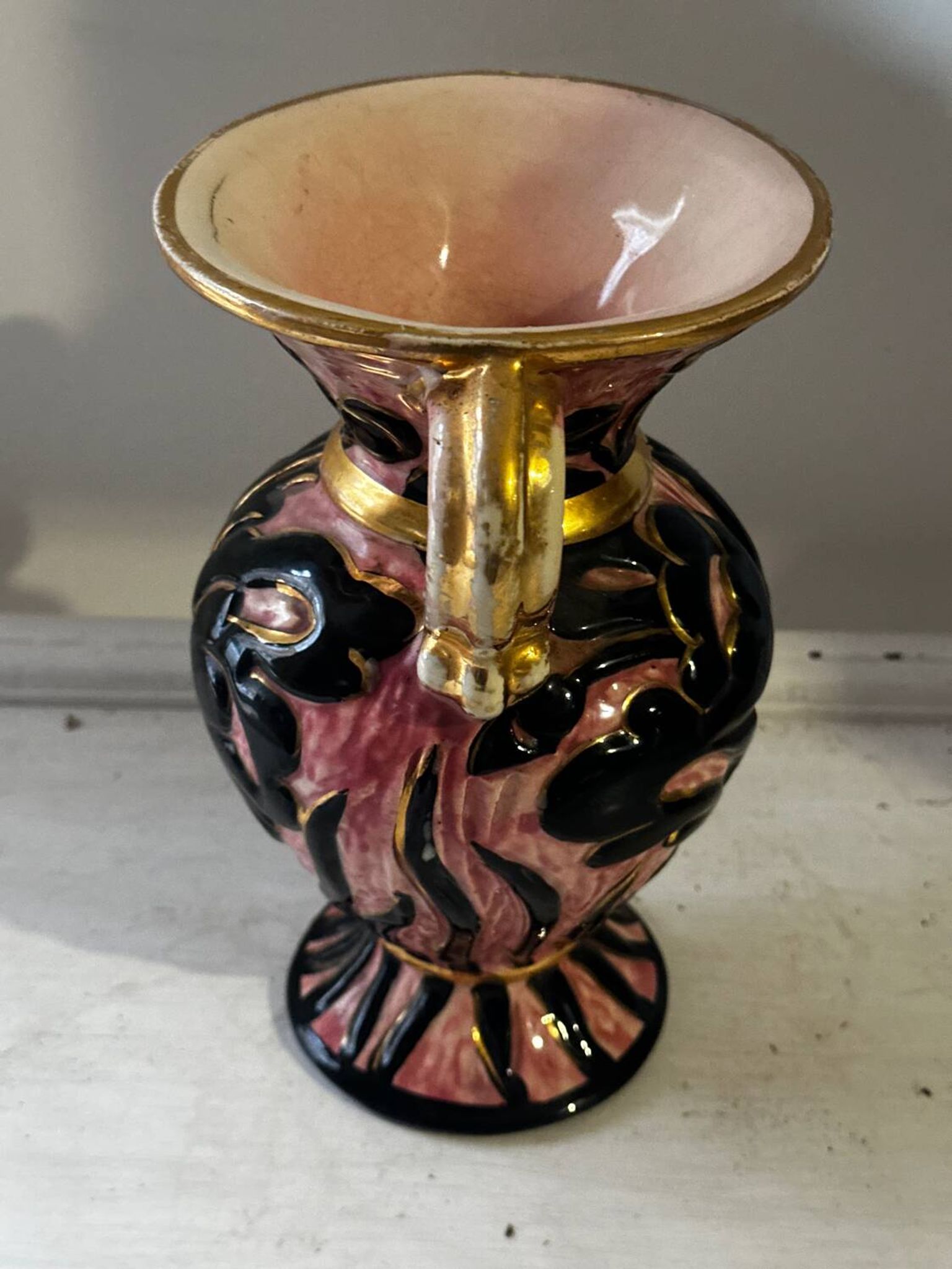 Vintage Vallauris vase amphora with relief floral decoration.