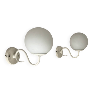 Pair of vintage metal and opaline wall lights, France, 1980.