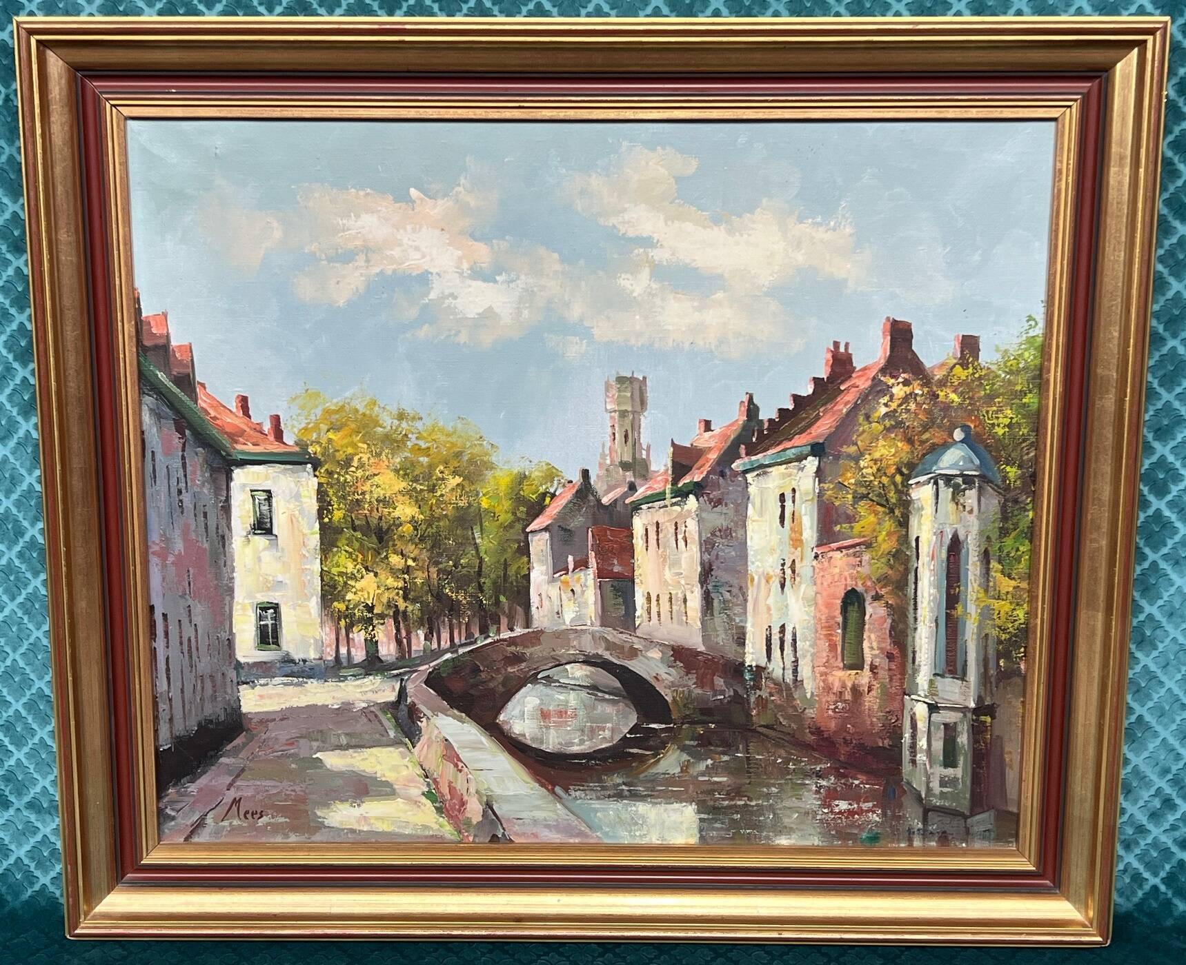 Paysage signé "Vue de Bruges." Huile sur toile. Signé Mees.
