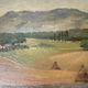 Old oil painting of a landscape on panel from 1920, haystacks.