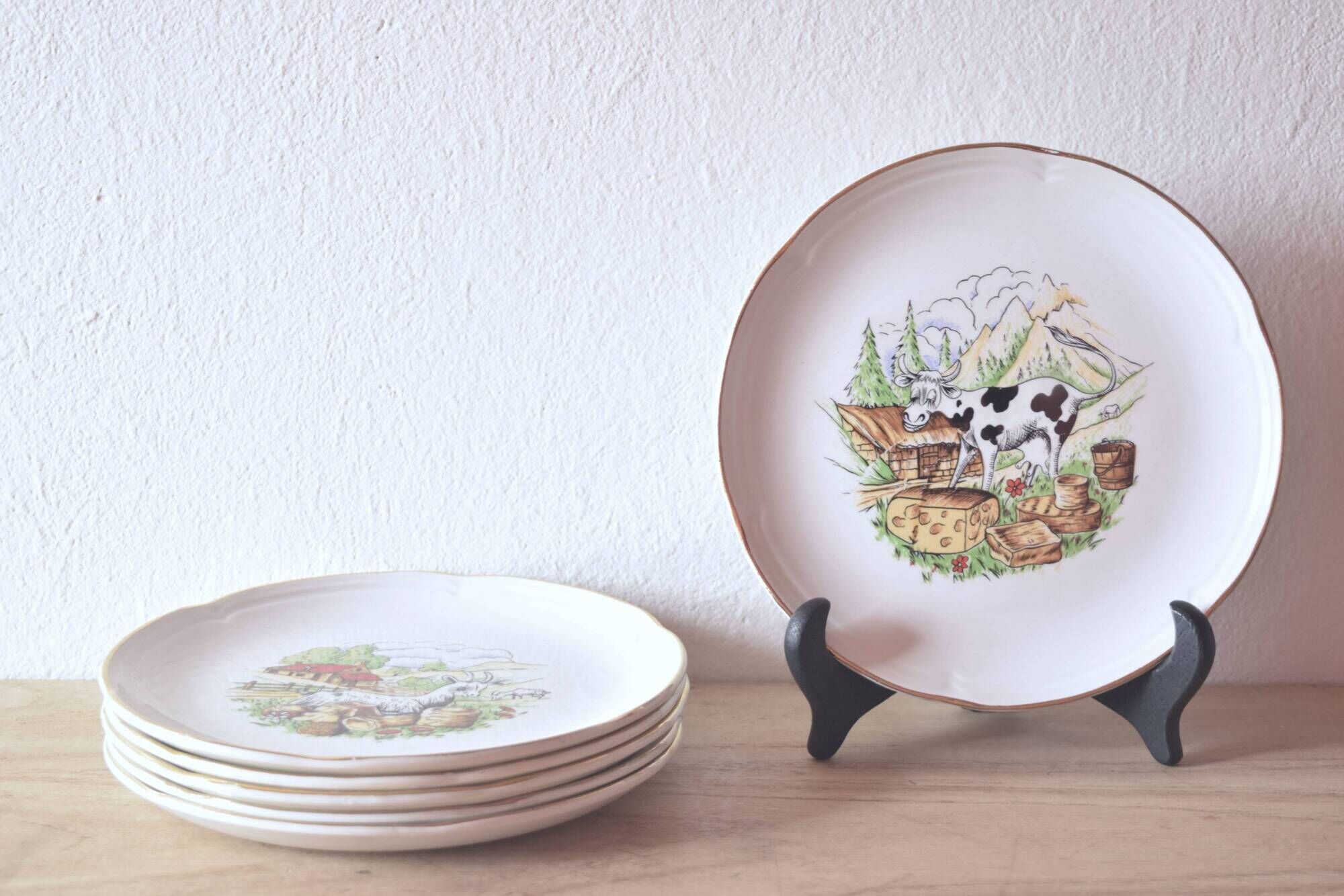Moulin-des-Loups - Orchies - Set of 6 vintage glazed ceramic cheese plates