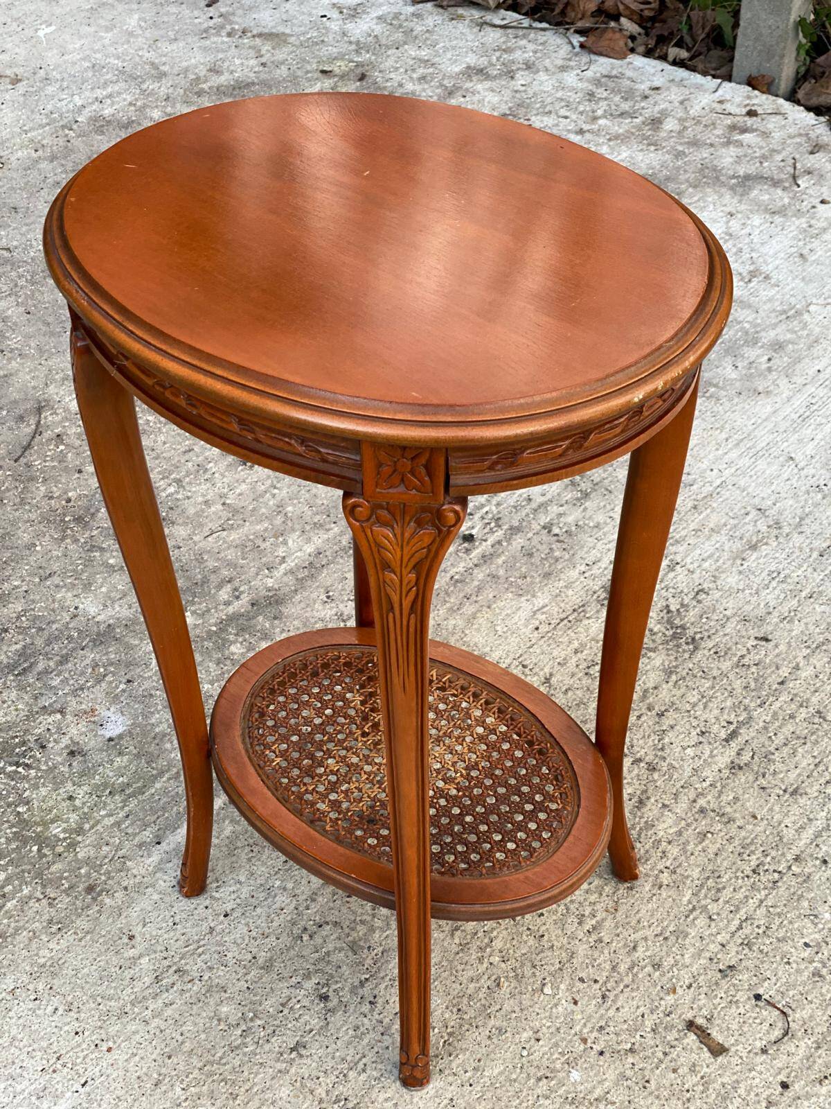 Louis XV oval pedestal table carved in solid cherry wood with cane bedside table