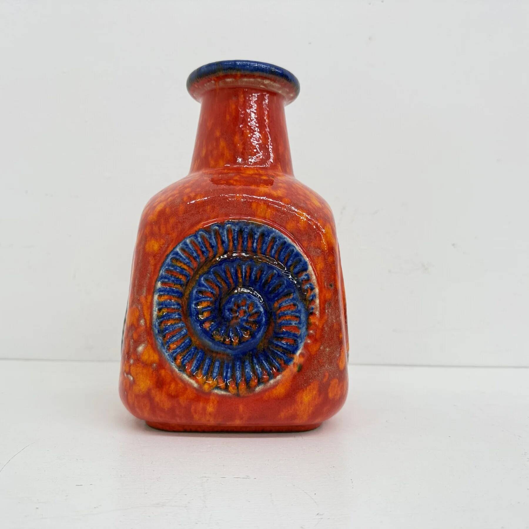 Scheurich West Germany Bay ceramic vase orange with blue fossils, 1970s