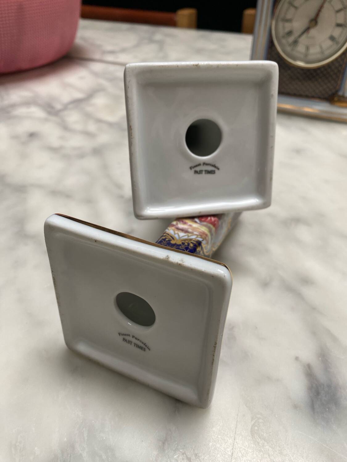 English porcelain clock and candle holders