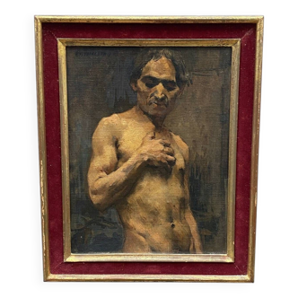 Oil on panel by Alain Beaufreton academic nude male