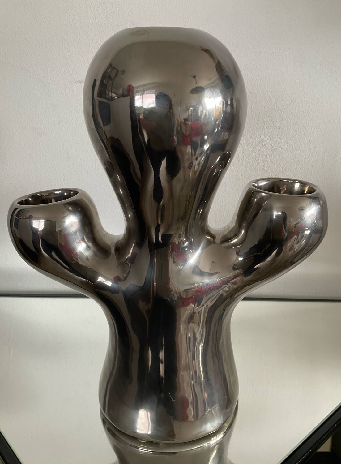 Vintage ceramic cactus candle holder in chrome