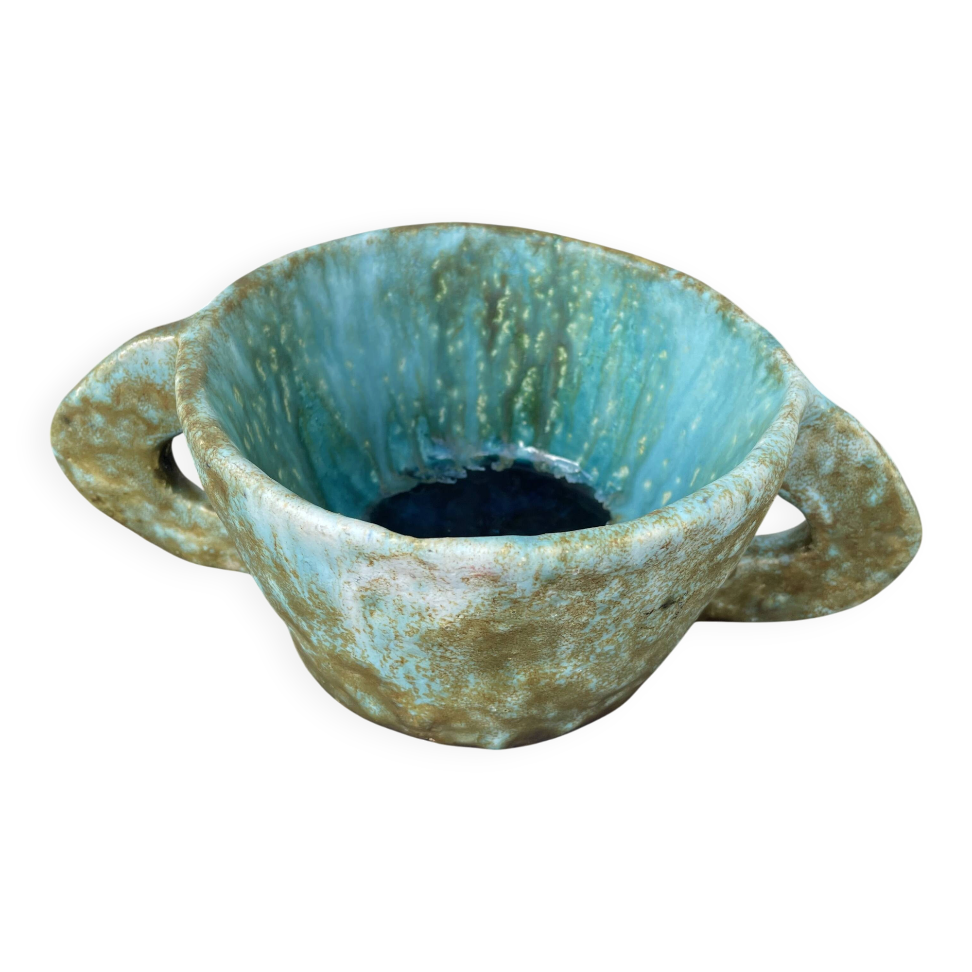 Stoneware bowl with handles, signed handmade ceramic.