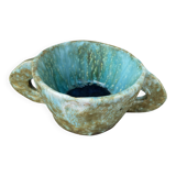 Stoneware bowl with handles, signed handmade ceramic.