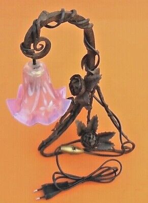 Art nouveau era wrought iron lamp tripod foot, decor foliage and roses