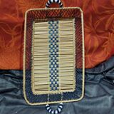 Beige and blue woven wicker tray - ceramic handle