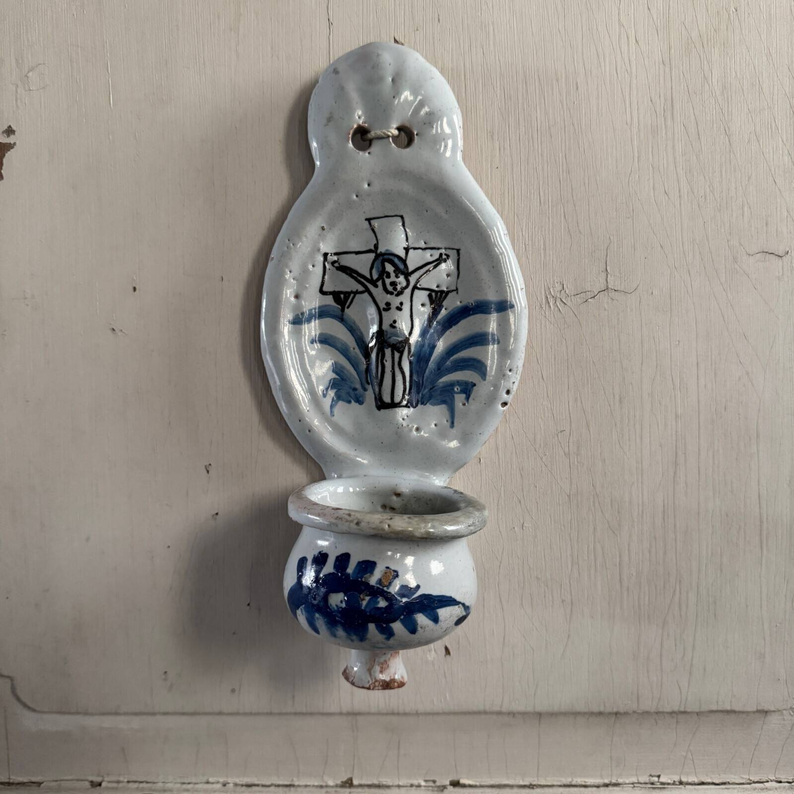 18th century Nevers earthenware holy water font