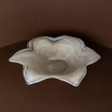 Vintage Murano glass bowl, flower-shaped centerpiece with transparent glass and white streaks, Italian 1980s