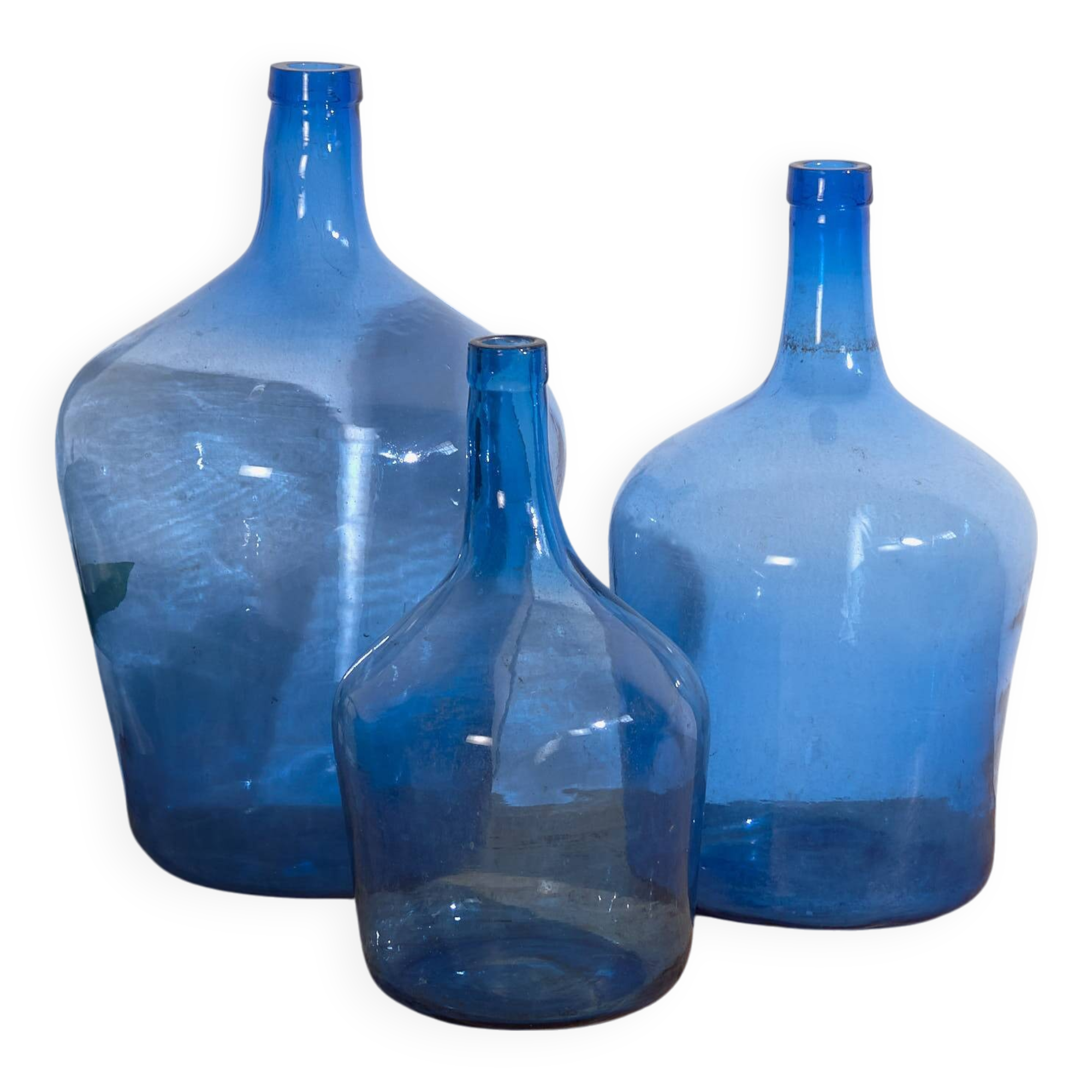 Antique blue demijohns (circa 1920). 3-piece set #1