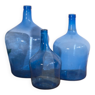 Antique blue demijohns (circa 1920). 3-piece set #1