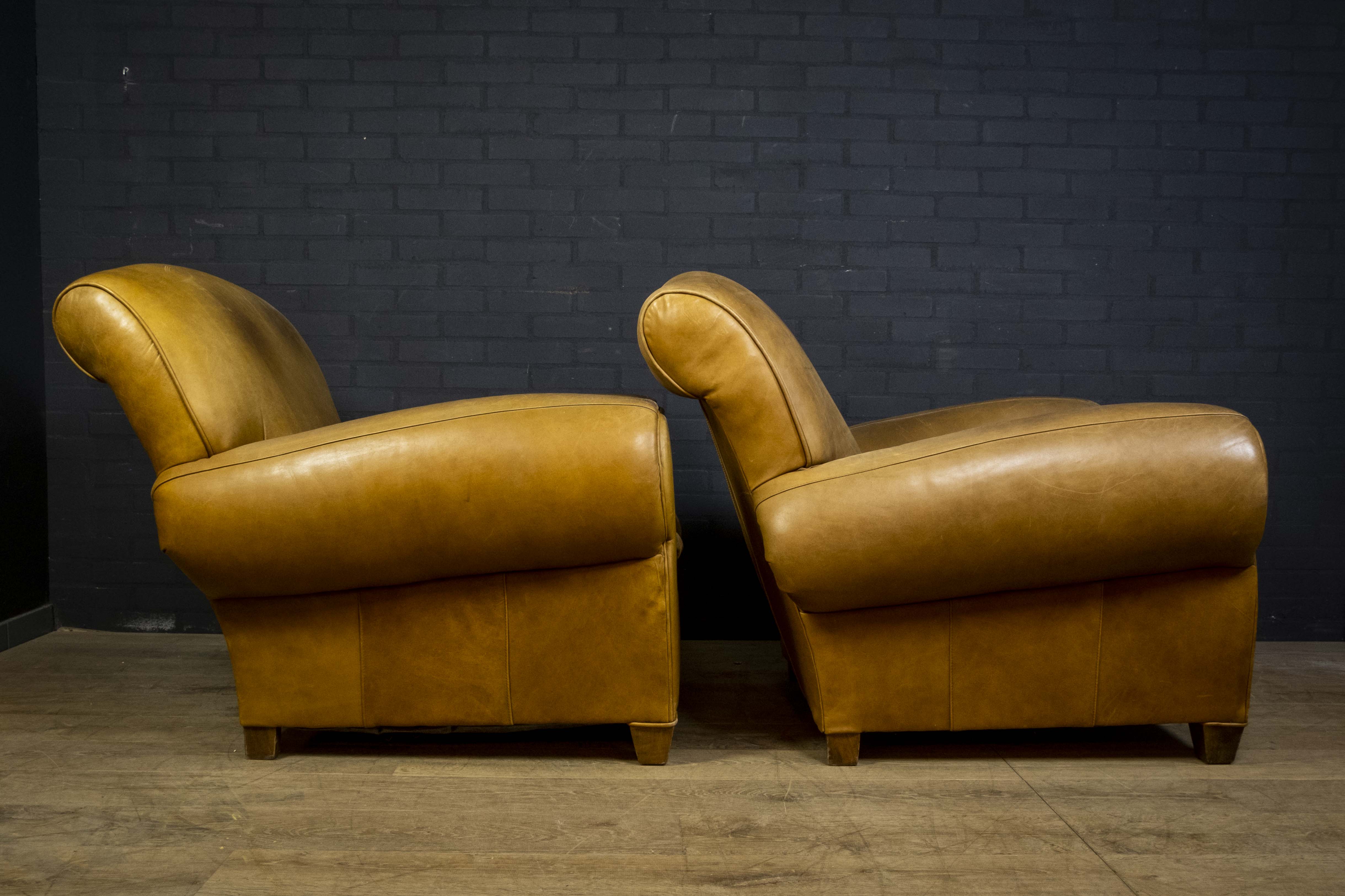 Set of leather french club armchairs