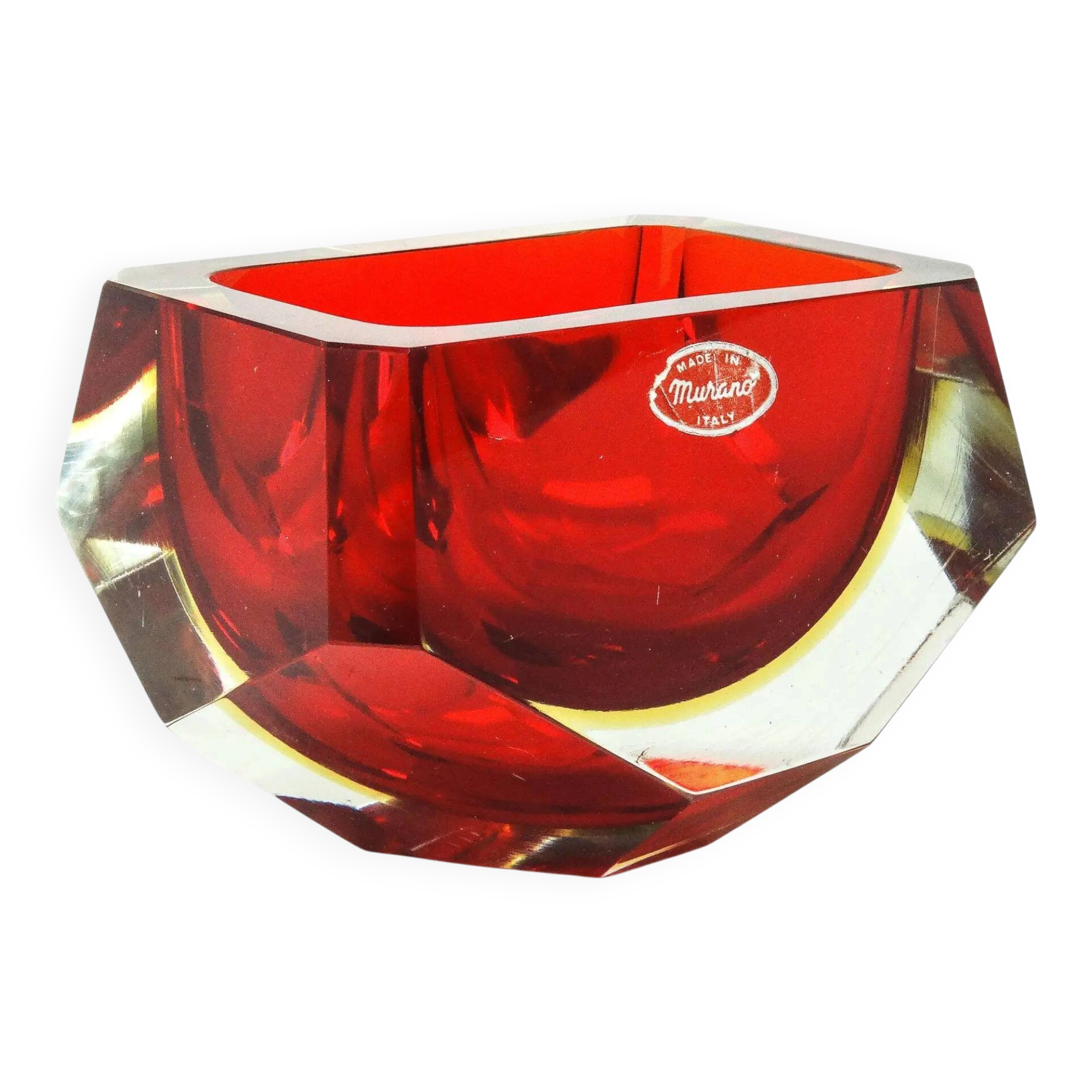 Murano basket, modernism, red glass, designed by F. Poli, Italy, 1950s
