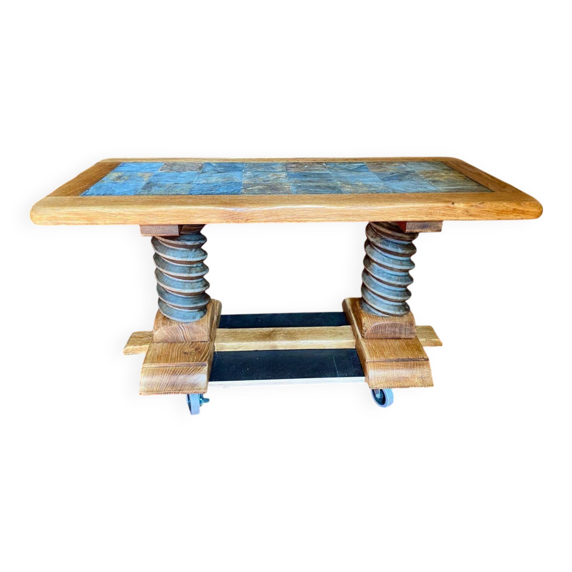 Vintage coffee table in solid oak and slate – Press screw base