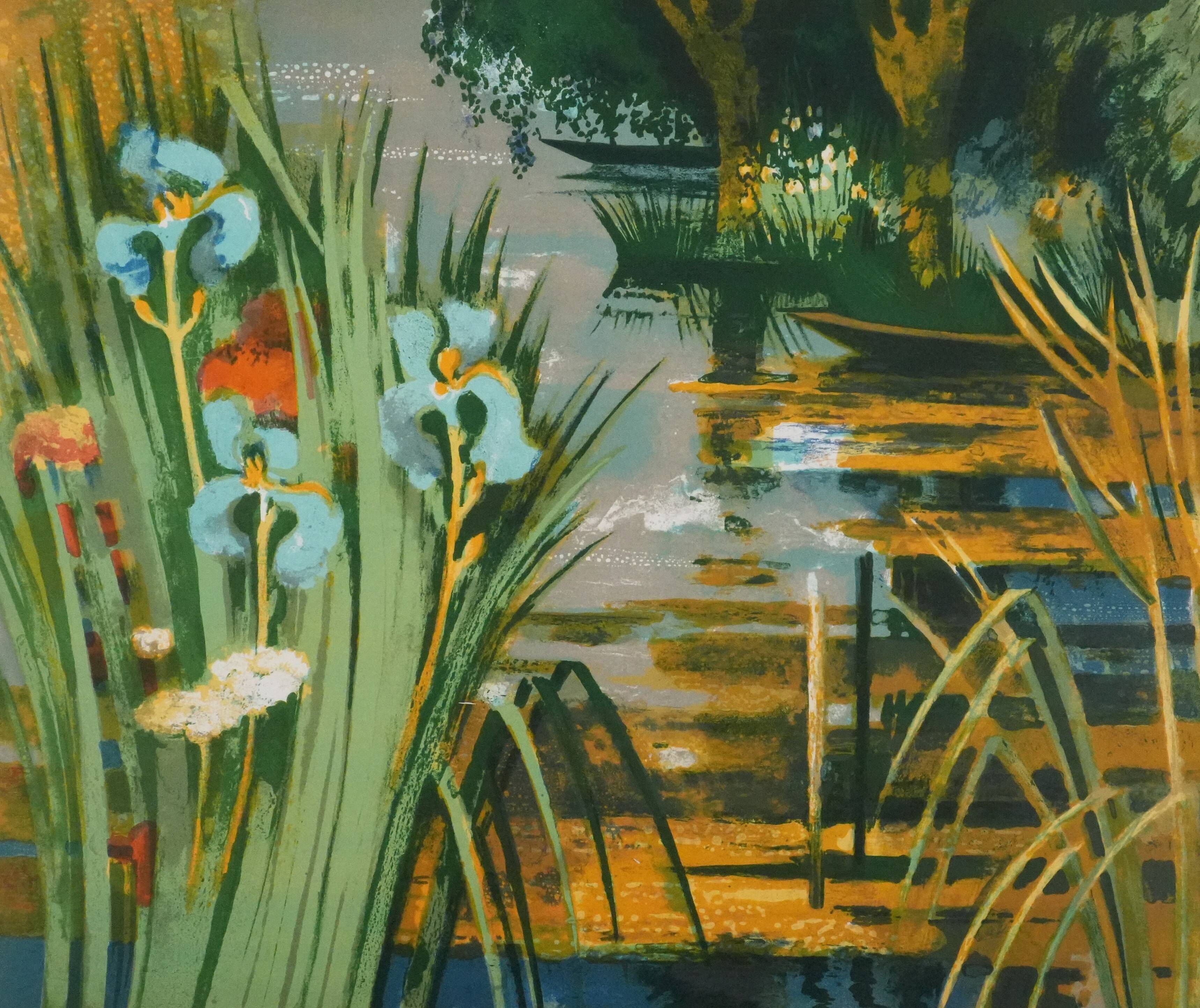 Paul collomb : les iris bleues, lithographie originale signée