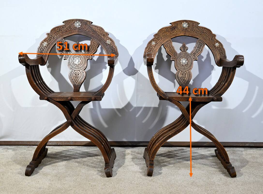 Pair of Savonarola Syrian Walnut Armchairs – Late 19th Century