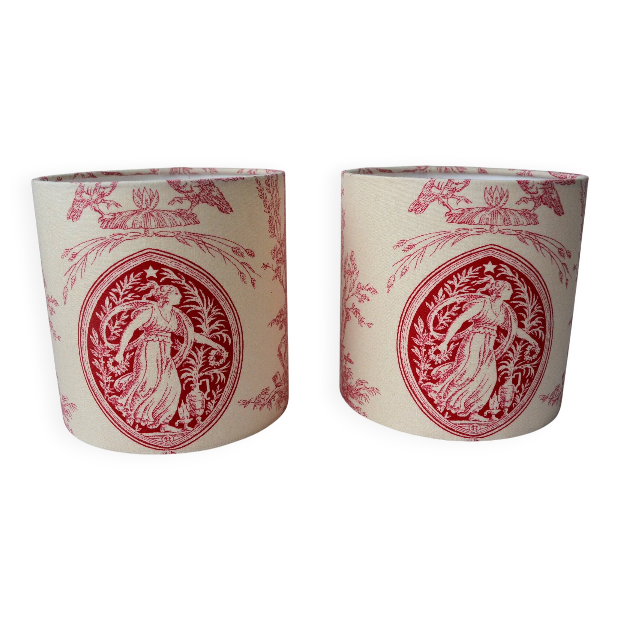 Pair of red toile de Jouy lampshades
