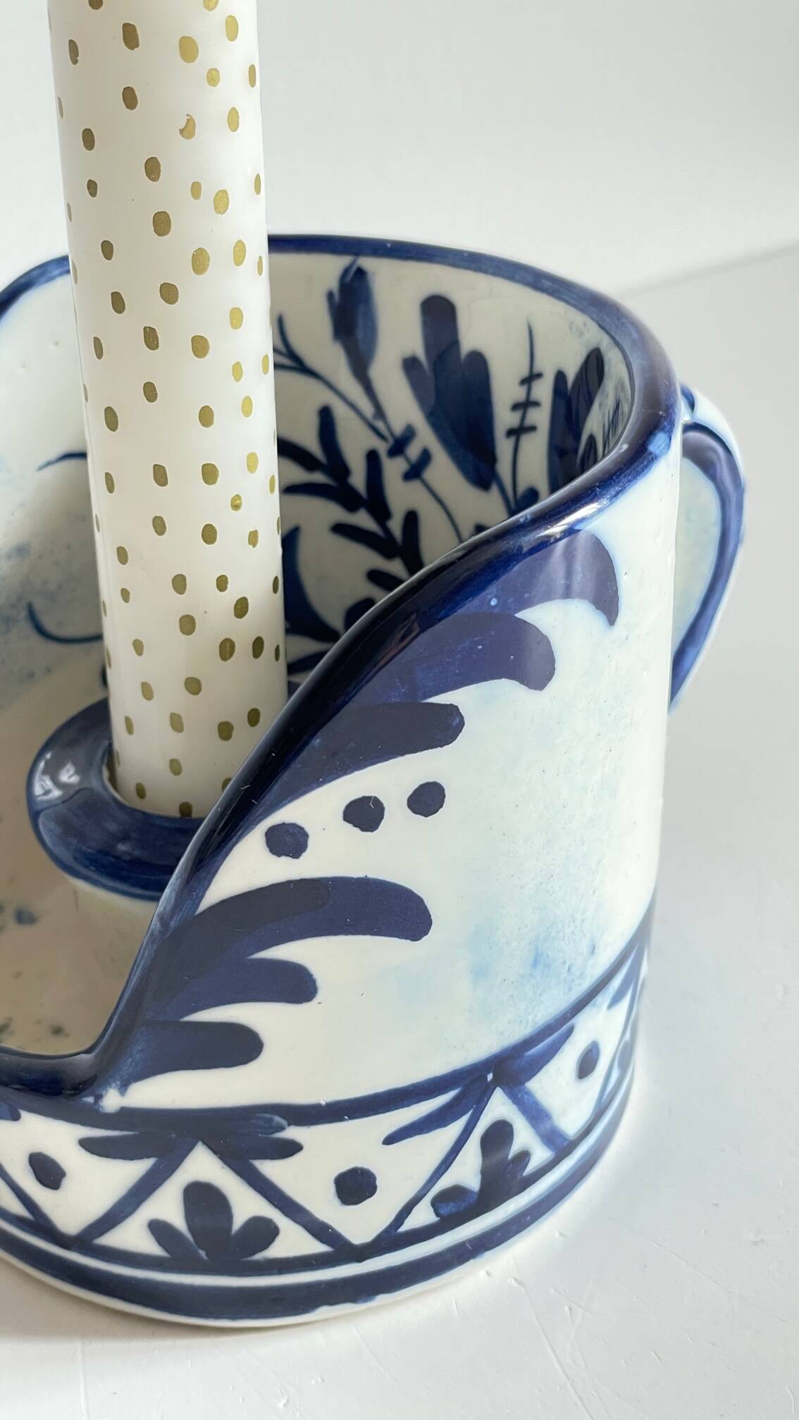 Blue ceramic hand candle holder vintage craft