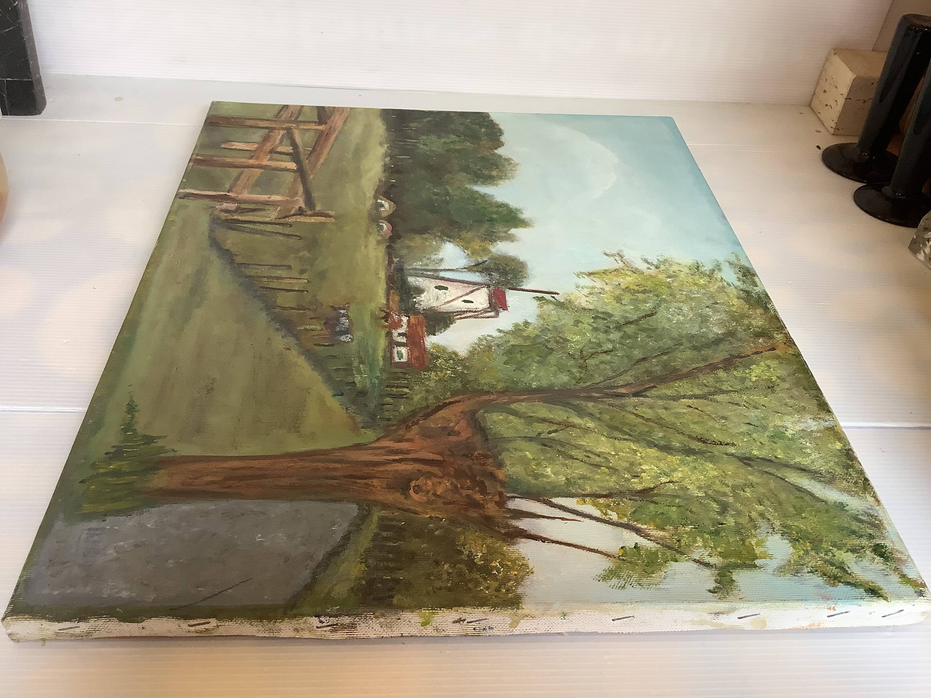 Landscape painting of a countryside windmill oil on canvas