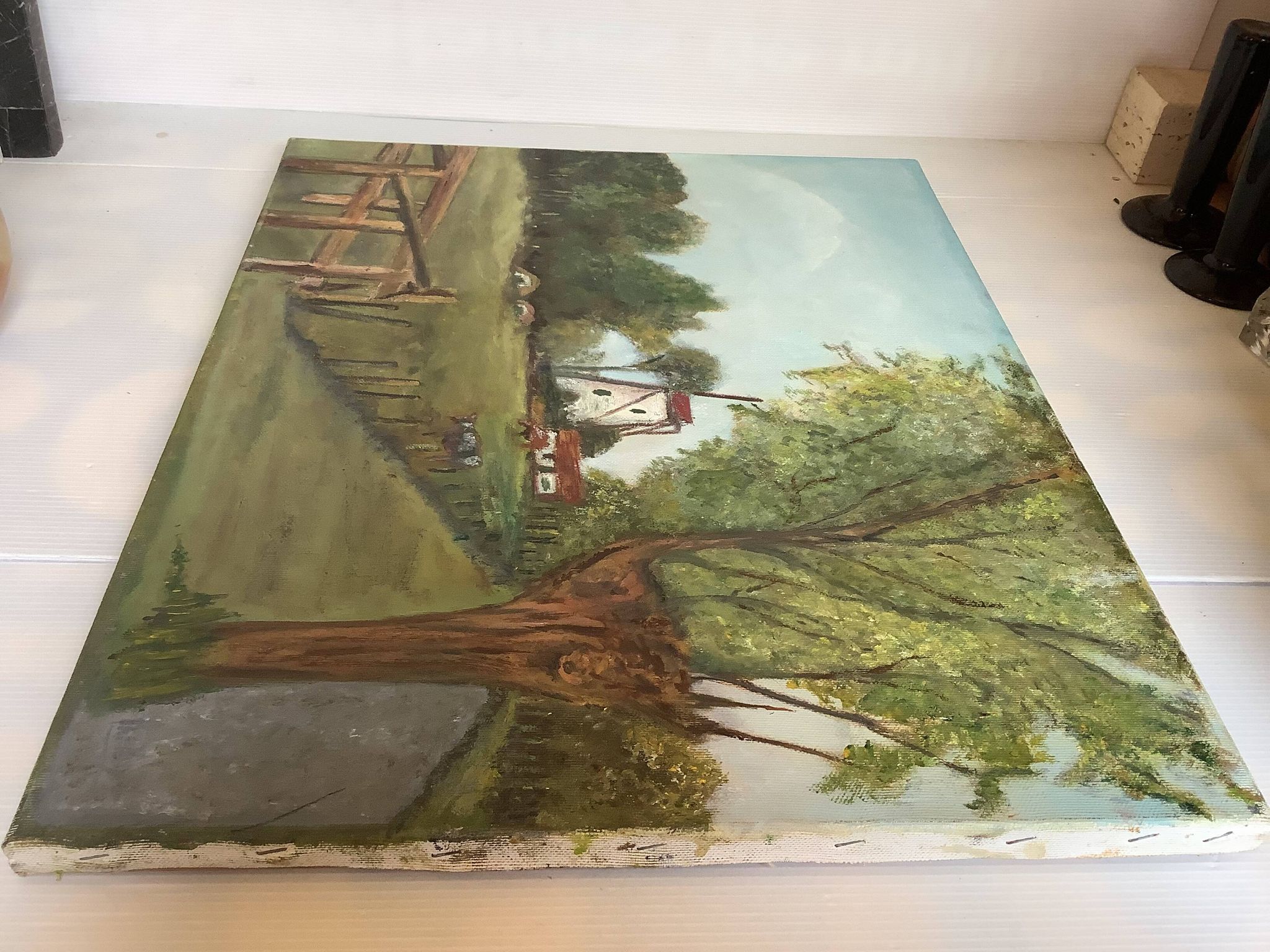 Landscape painting of a countryside windmill oil on canvas