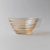 Vintage 1950s glass coffee cups, set of 5, iridescent peach ribbed glass with saucers, Italian design Gondolo.