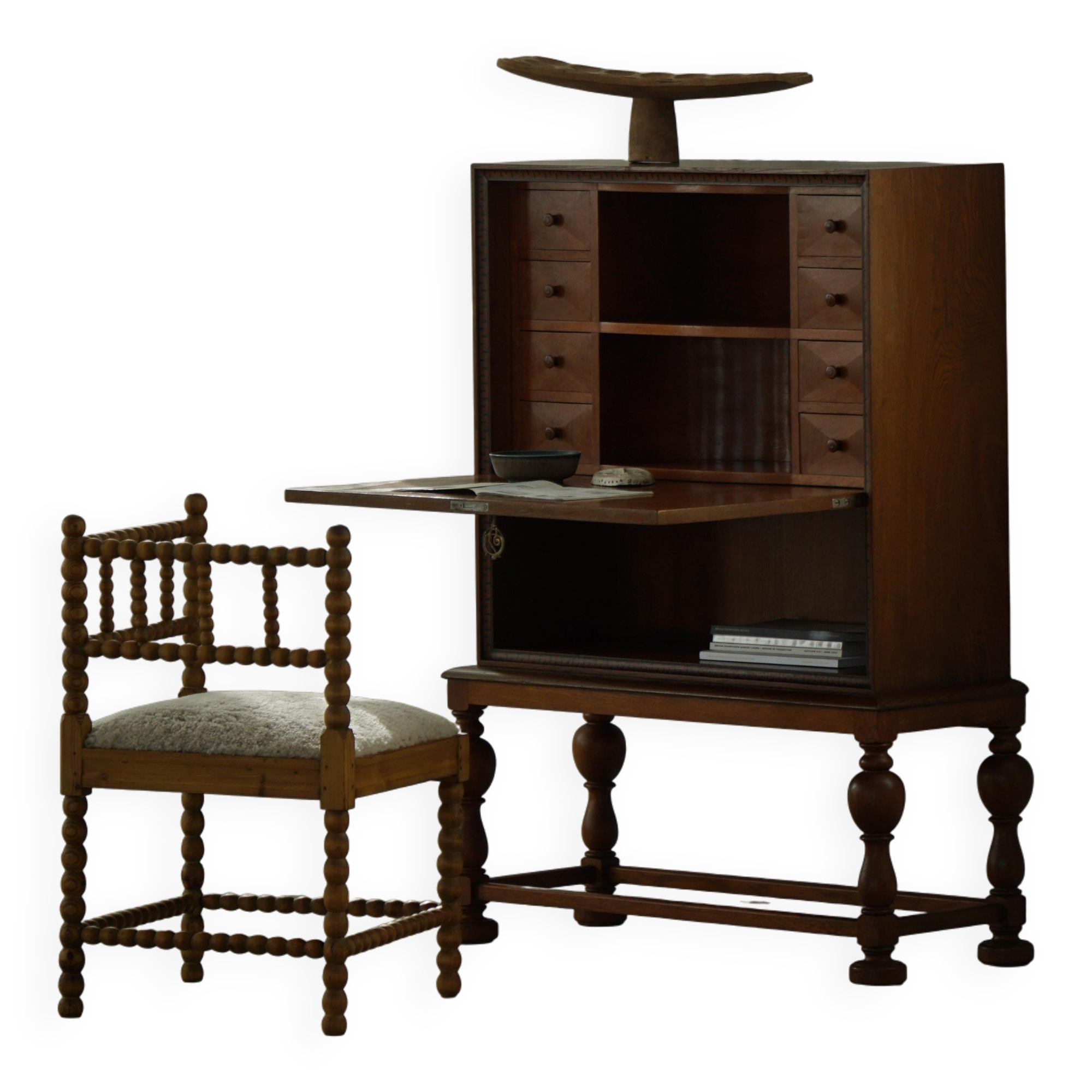 Antique French corner chair handcrafted with lamb's wool, early 20th century.