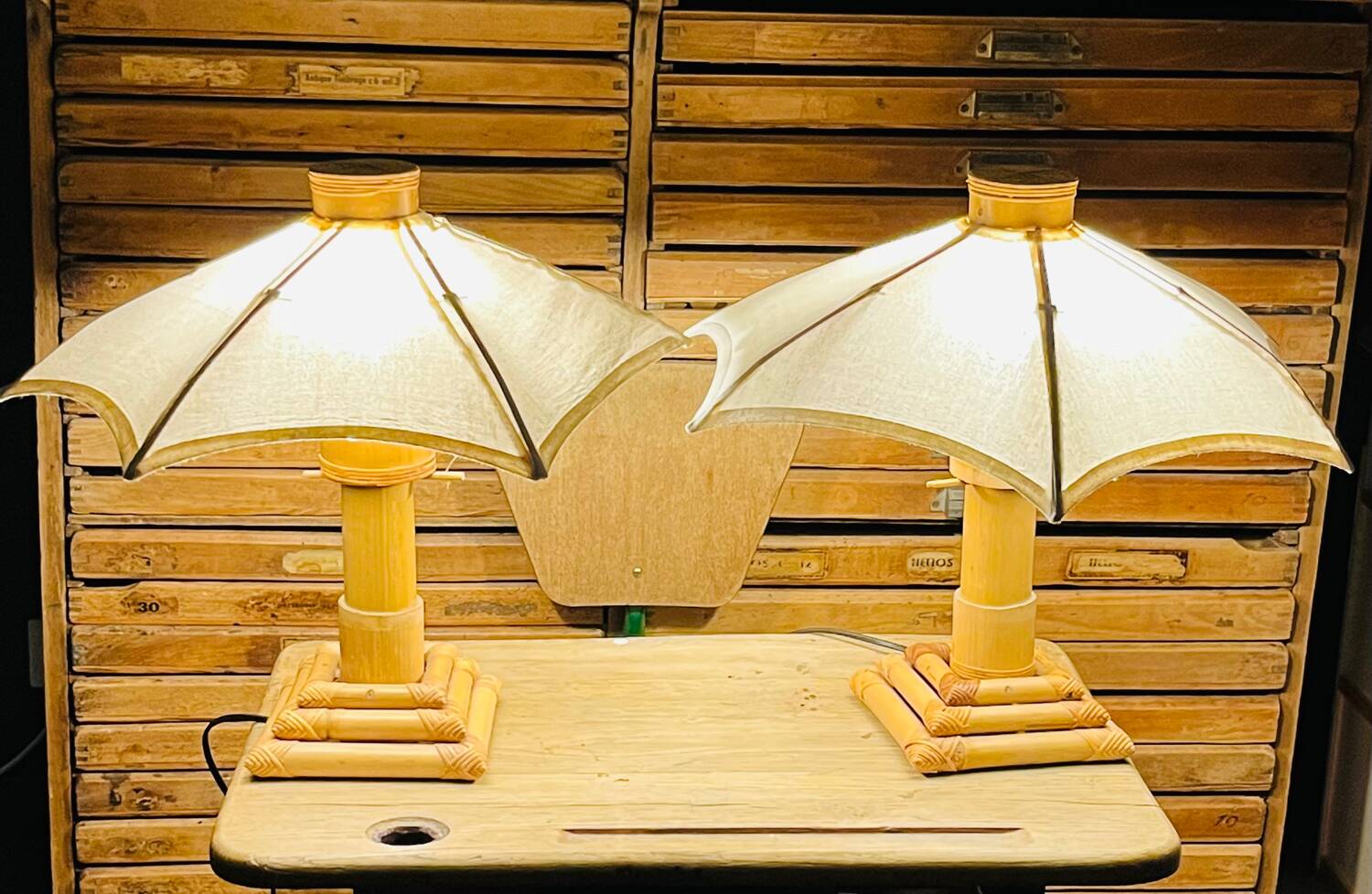 70s bamboo parasol lamps