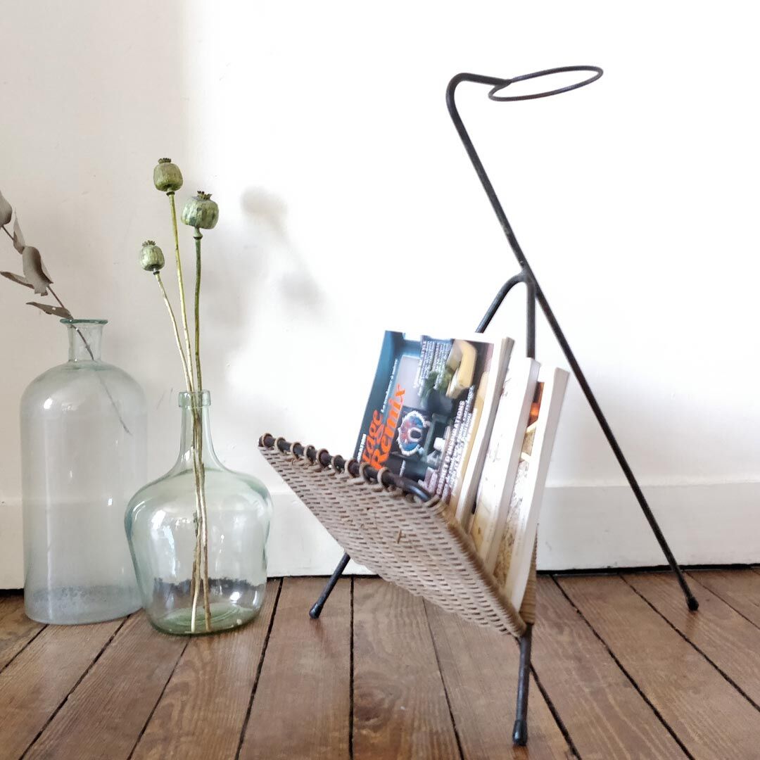Wicker and metal magazine holder