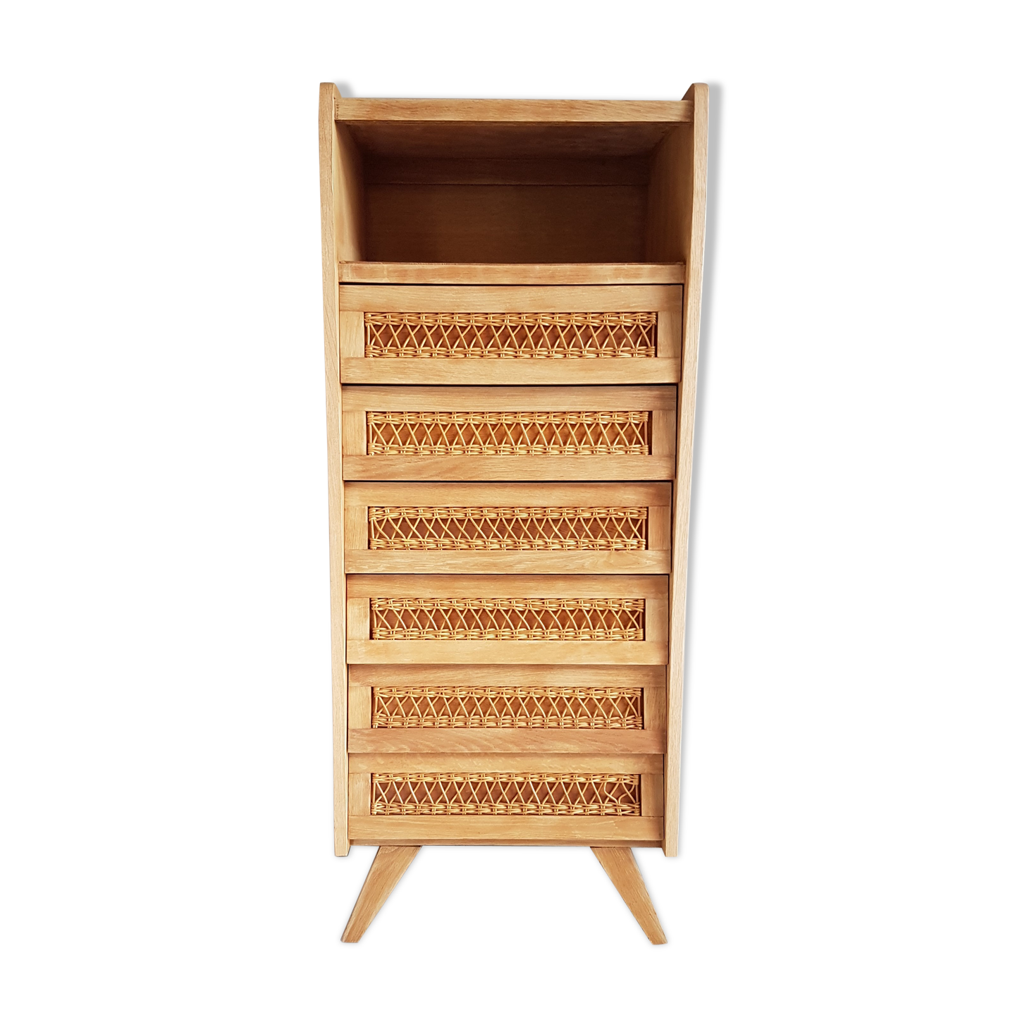 Wood and rattan restored chest of drawers